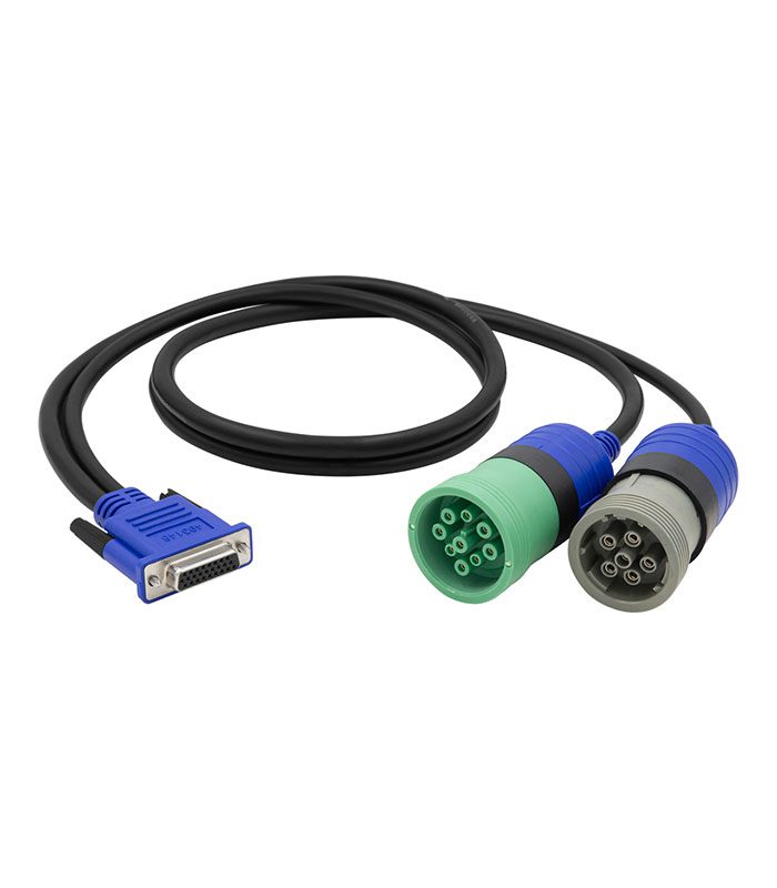 A cable with a blue VGA connector and two round DIN connectors.