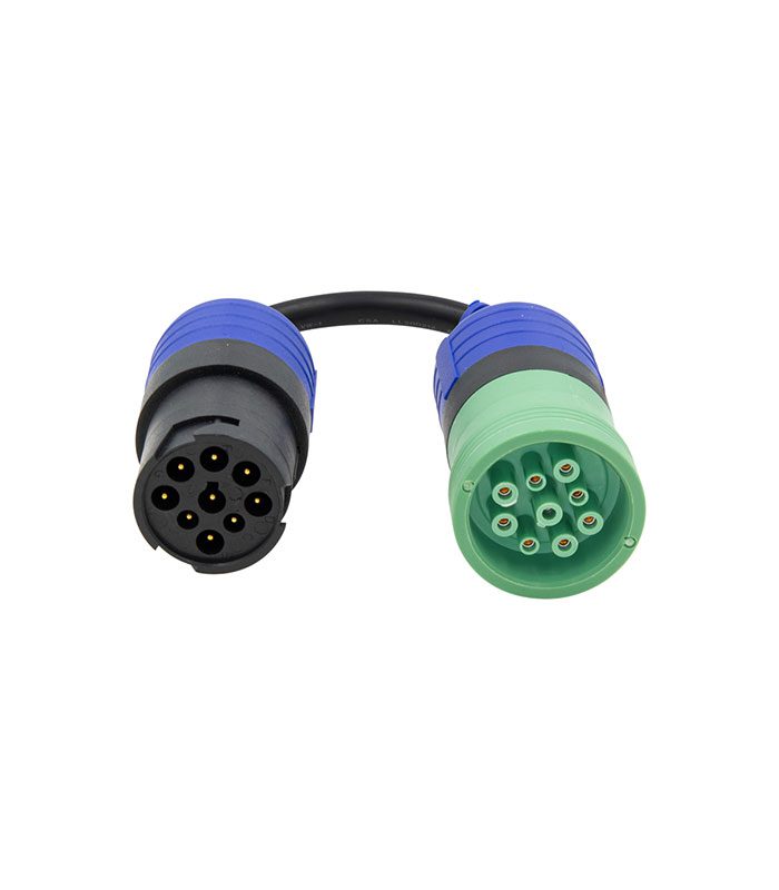 Black cable with blue and green connectors, each having seven pins.