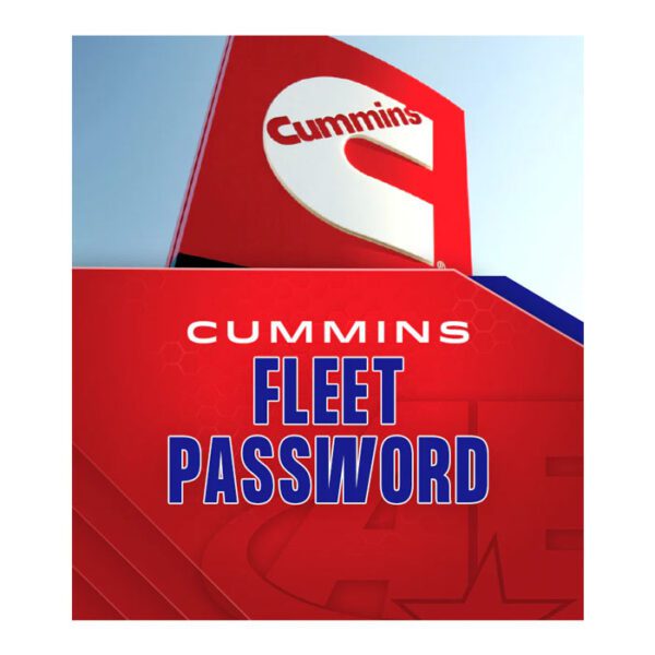 Red Cummins Fleet Password sign with bold blue text.
