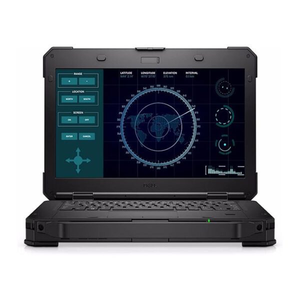 Rugged laptop displaying radar and data analysis interface.