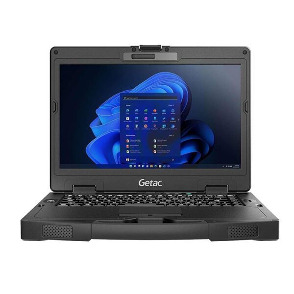 Rugged Getac laptop displaying Windows 11 on screen.