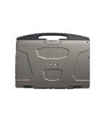 A rugged, gray portable laptop with a sturdy handle.