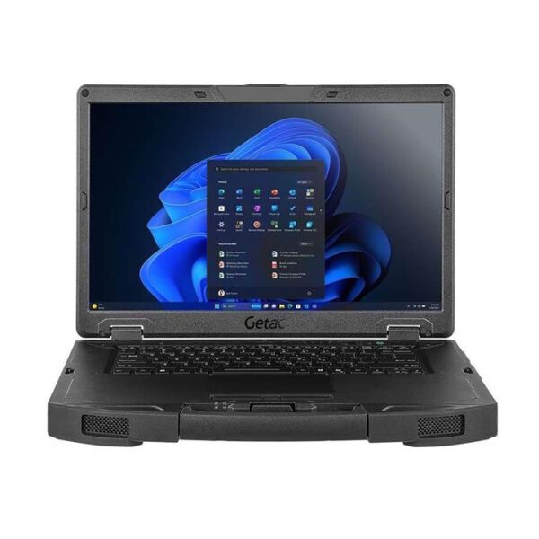 Rugged laptop displaying Windows 11 on screen.
