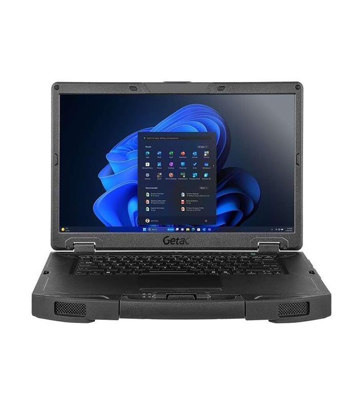 Rugged laptop displaying Windows 11 on screen.