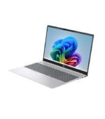Sleek silver laptop with vibrant screen display open on a white background.