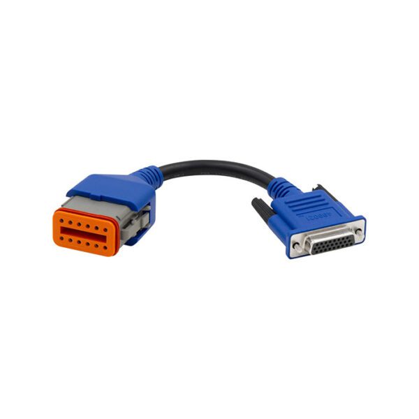 A blue adapter cable with an orange connector on one end and a grey connector on the other.