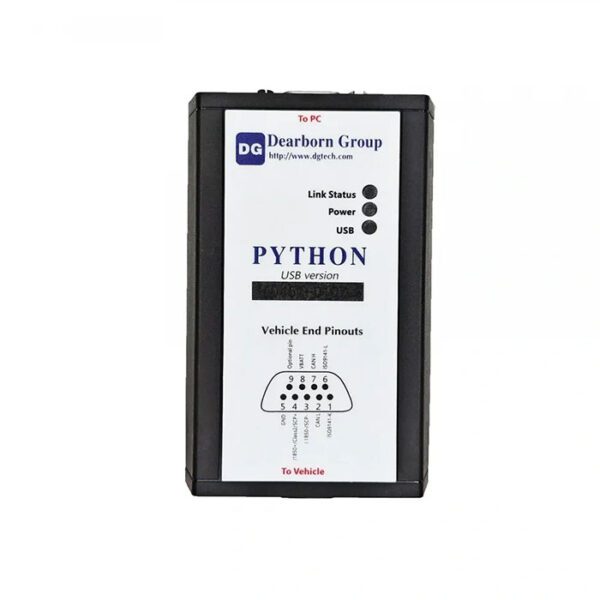 Black Python device with wiring diagram and text on the front.