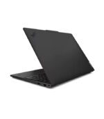 A sleek black laptop partially open, showing its keyboard and screen.