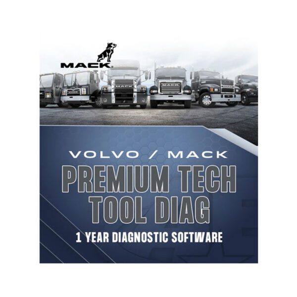 Volvo and Mack trucks with Premium Tech Tool Diag software advertisement.