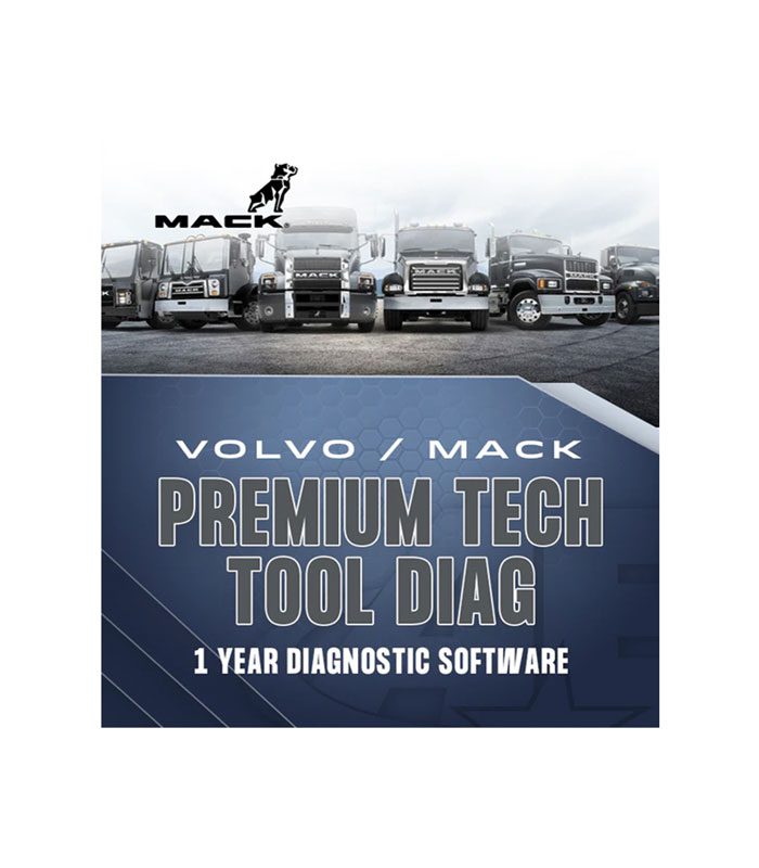 Volvo and Mack trucks with Premium Tech Tool Diag software advertisement.