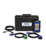 Diagnostic tool kit with cables and handheld device in a carrying case.