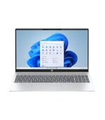A modern silver laptop displaying Windows 11 on screen.