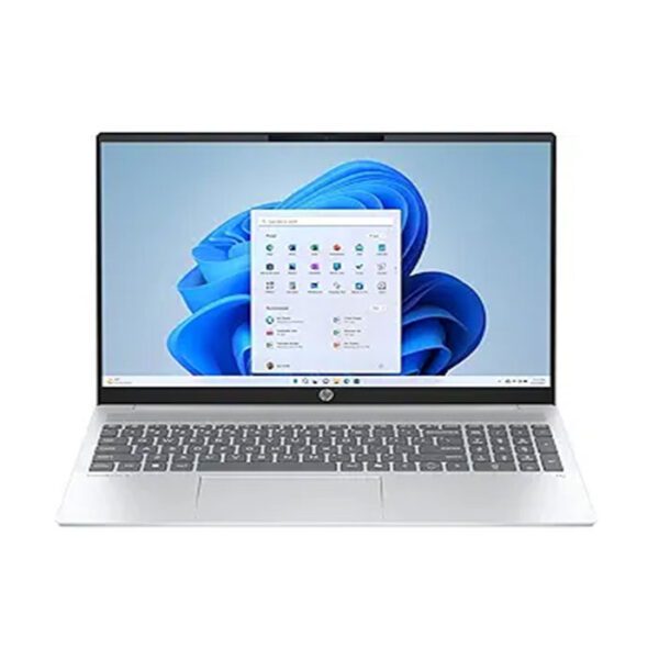 A modern silver laptop displaying Windows 11 on screen.