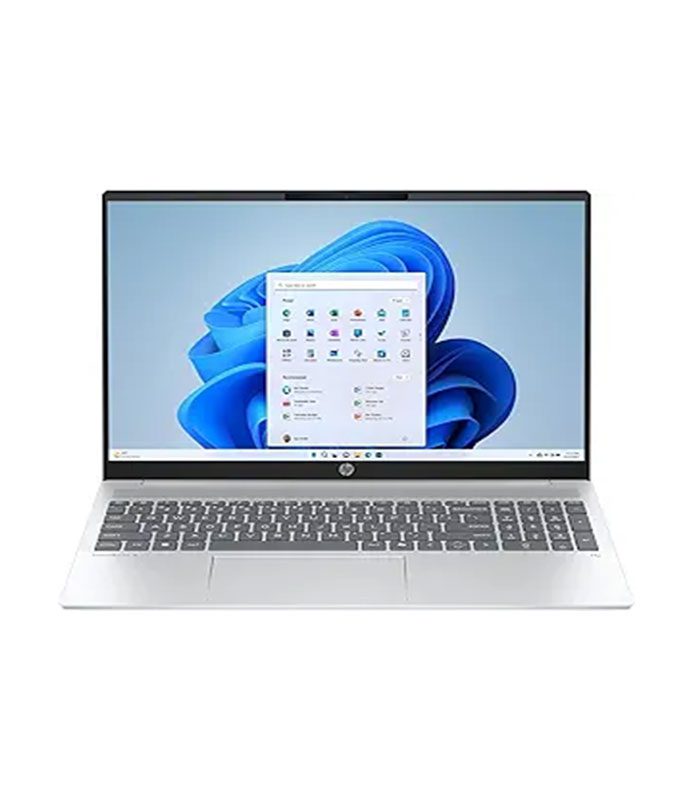 A modern silver laptop displaying Windows 11 on screen.