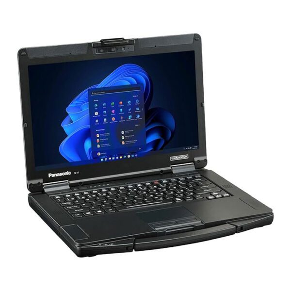 A rugged Panasonic Toughbook laptop with Windows 11 on screen.