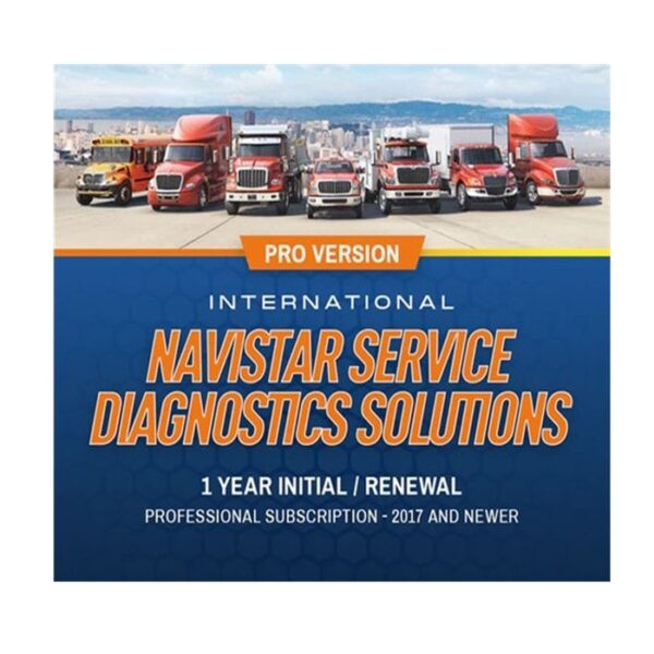 Fleet of trucks with promotional text for Navstar Service Diagnostics Solutions.
