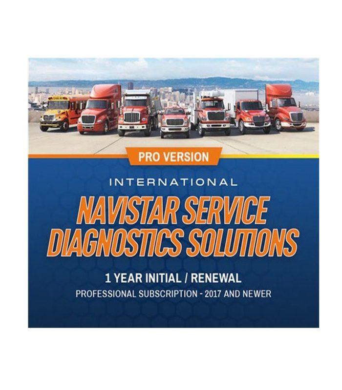 Fleet of trucks with promotional text for Navstar Service Diagnostics Solutions.