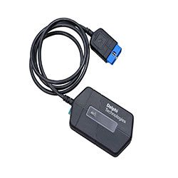 A black OBD2 diagnostic adapter cable for vehicles.