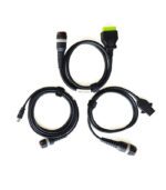 Three coiled black cables with various connectors on white background.