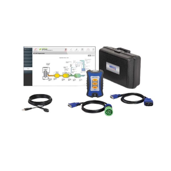 Portable diagnostic kit with cables, handheld device, and software.
