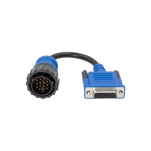 A blue circular multi-pin connector cable attached to a blue VGA connector cable.
