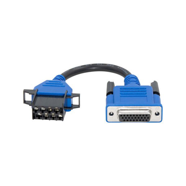 A blue OBD-II to DB15 diagnostic adapter cable for vehicles.